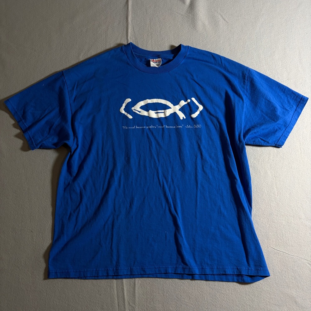 Hanes Heavyweight Christian Ichthys Jesus Fish John 3:30 Blue Graphic Tee Men XL